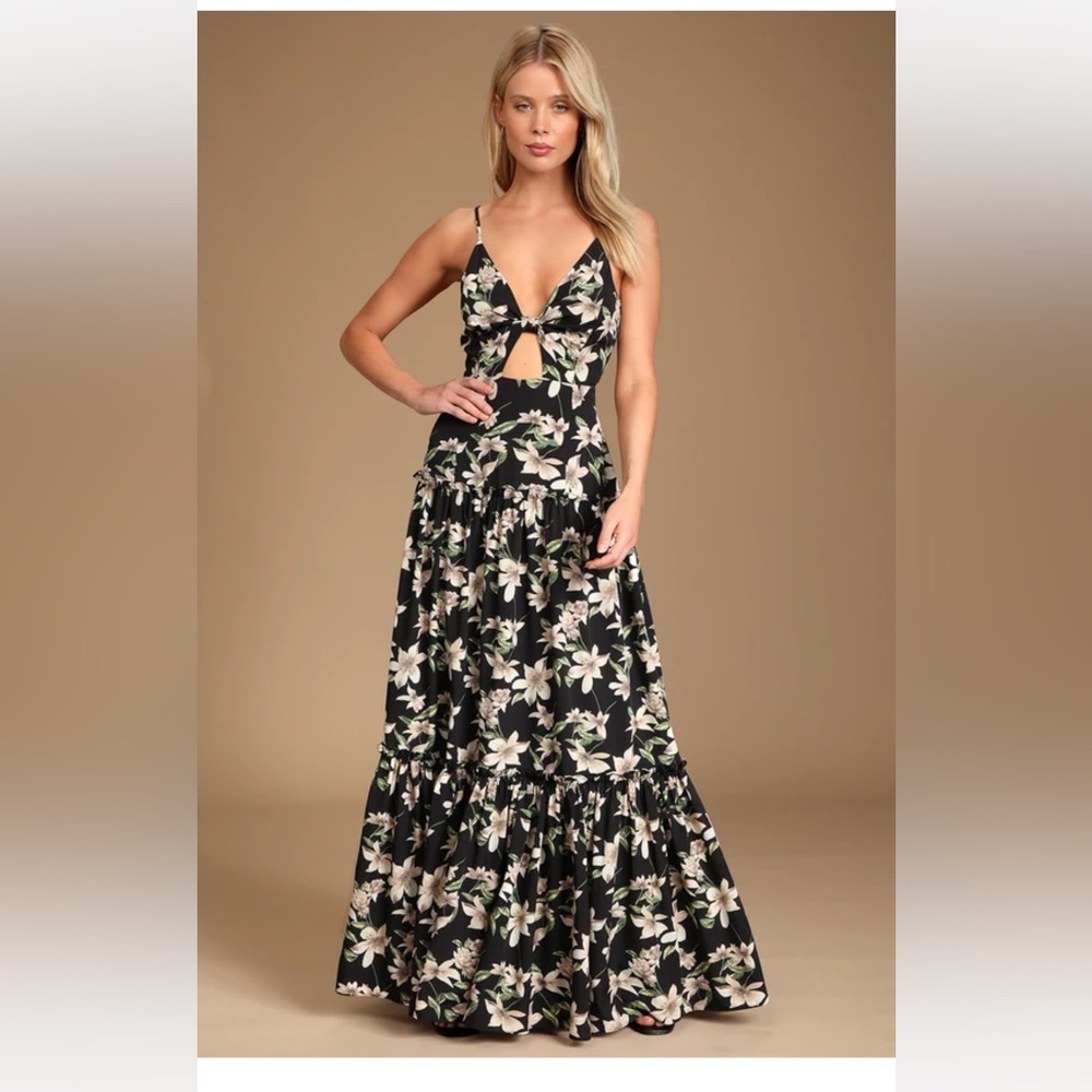 Blooms of Paradise Black Floral Print Sleeveless Maxi Dress